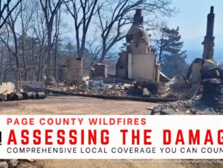 Page Valley News graphic: Rubble of a home on the Massanutten Mountain destroyed by the March 2024 wildfires. Text reads "Page County Wildfires" "Assessing the damage"