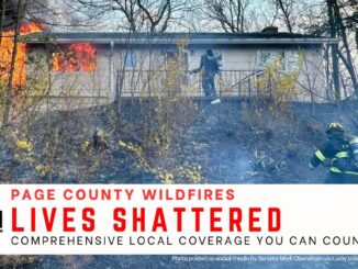 Page Valley News graphic: Local firefighters and first responders run toward house on fire during the outbreak of wildfires on Wednesday, March 20. Text reads "Page County Wildfires" "Lives shattered"
