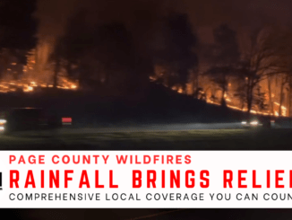 Page Valley News graphic. The hillside above US 211 west of Luray burns as cars drive by the wildfire on Friday night. Text reads "Page County Wildfires" "Rainfall brings relief" and "Comprehensive local coverage you can count on"